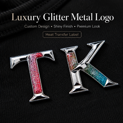 CUSTOM 3D METALLIC GLITTER HEAT TRANSFER LOGO LABELS FOR APPAREL & SPORTSWEAR