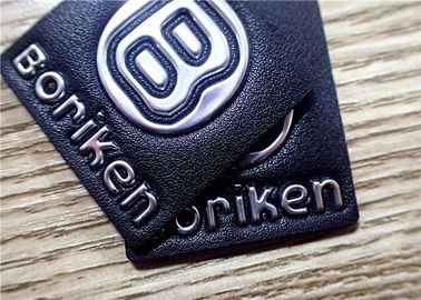 Black Embossed Leather Patches With Silver Embossment TPU Logo For Bags