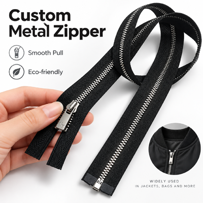 Custom Metal Zippers with Auto Lock and Logo Pullers for Jackets Bags and Garment Accessories