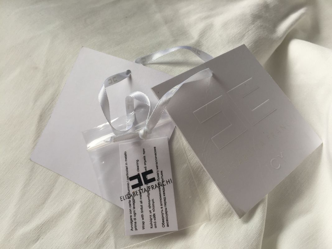 Debossed Logo White Card Clothing Hang Tags With String Custom Size