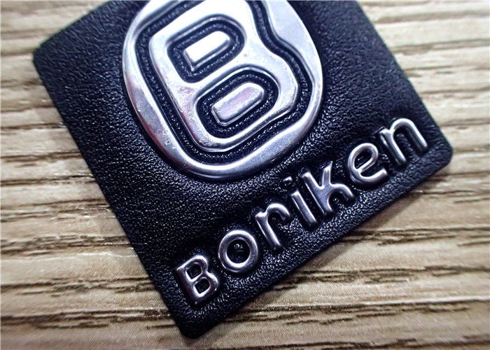 Black Embossed Leather Patches With Silver Embossment TPU Logo For Bags