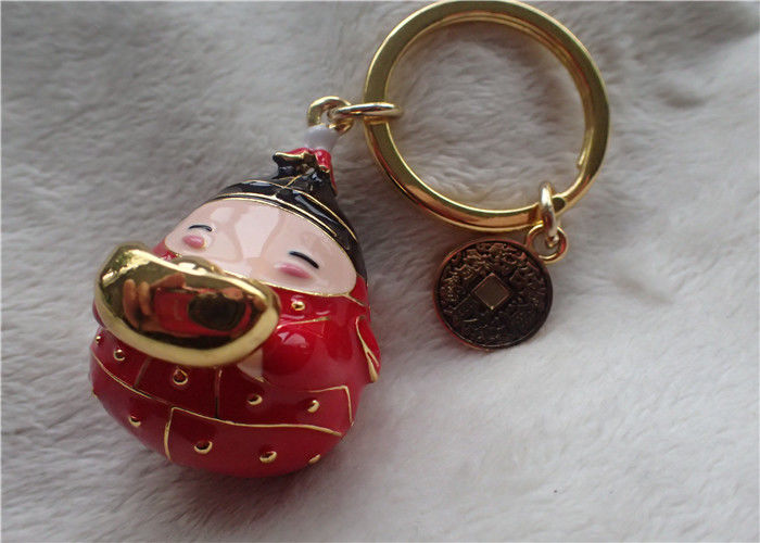 Chinese Style Ceramic Fat Baby Gold Ingot Key Chain In Red Coat