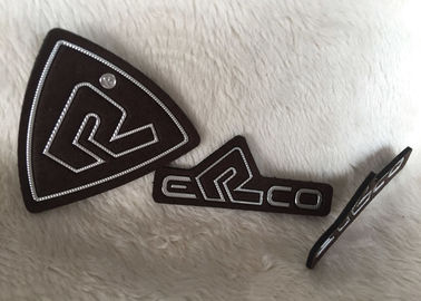 Customized Brown Suede Embossed Leather Patches , Shiny Siliver High Density Tpu Logo