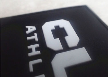 Embossed White Character With Black Background Soft PVC Patches With Sewing Line