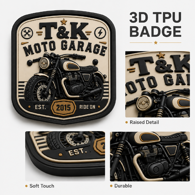 Custom Motorcycle Style PVC Heat Transfer Clothing Labels with 3D Embossed Logo for Jackets Streetwear Workwear Hats Bags and Garage Brand Identification