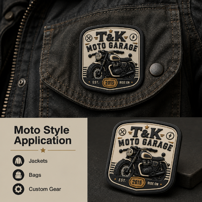 Custom Motorcycle Style PVC Heat Transfer Clothing Labels with 3D Embossed Logo for Jackets Streetwear Workwear Hats Bags and Garage Brand Identification