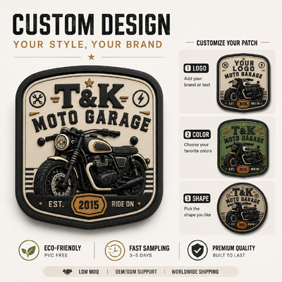Custom Motorcycle Style PVC Heat Transfer Clothing Labels with 3D Embossed Logo for Jackets Streetwear Workwear Hats Bags and Garage Brand Identification