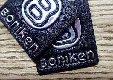 Black Embossed Leather Patches With Silver Embossment TPU Logo For Bags